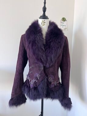 Vintage Pink Mary Purple Suede Fox Fur Collar Jacket Embellished Peplum Coat M